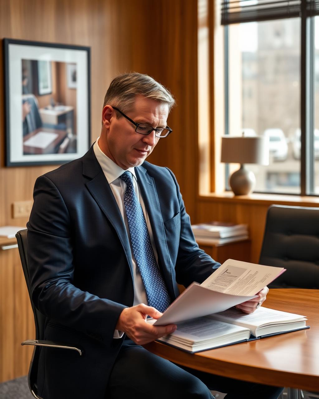 Personal injury attorney reviewing case files in an office
