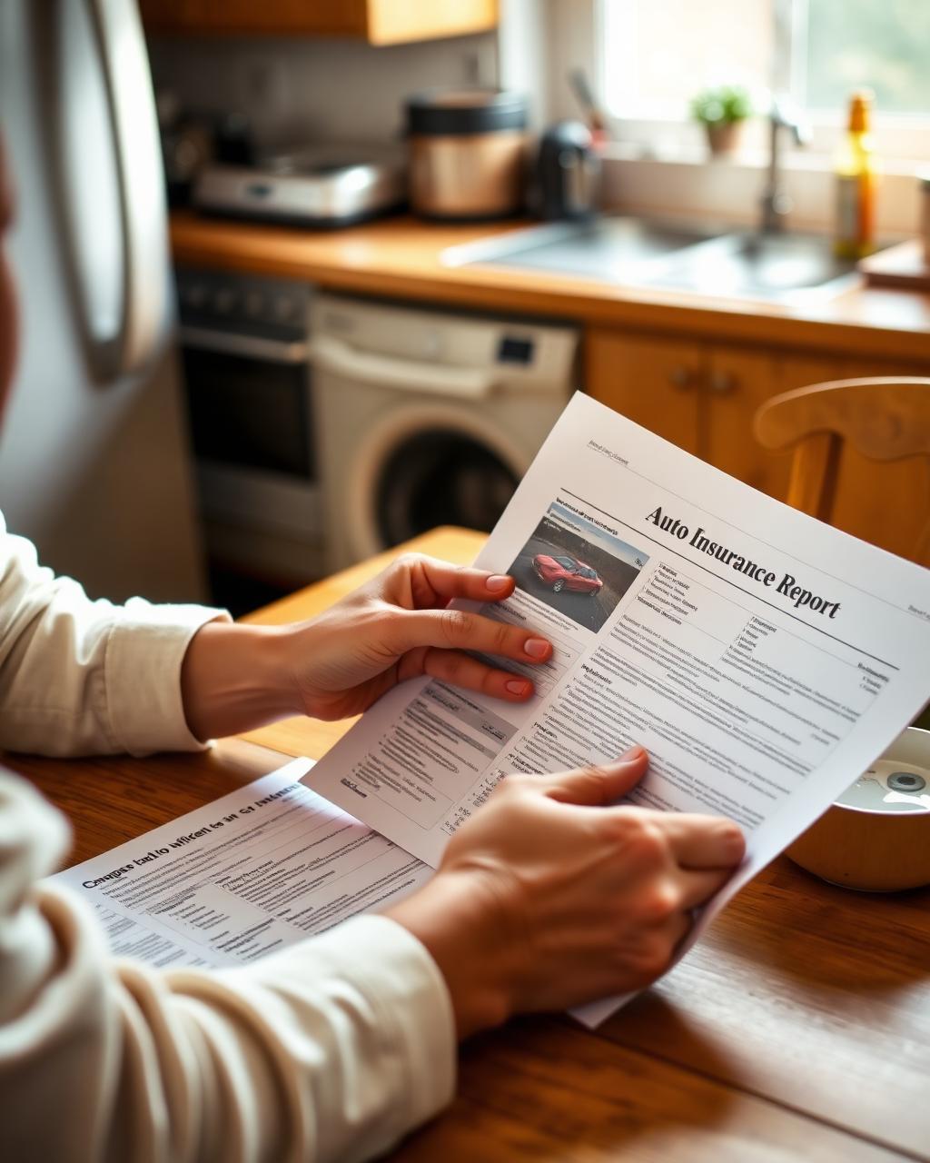 Accident claimant reviewing auto insurance paperwork at home