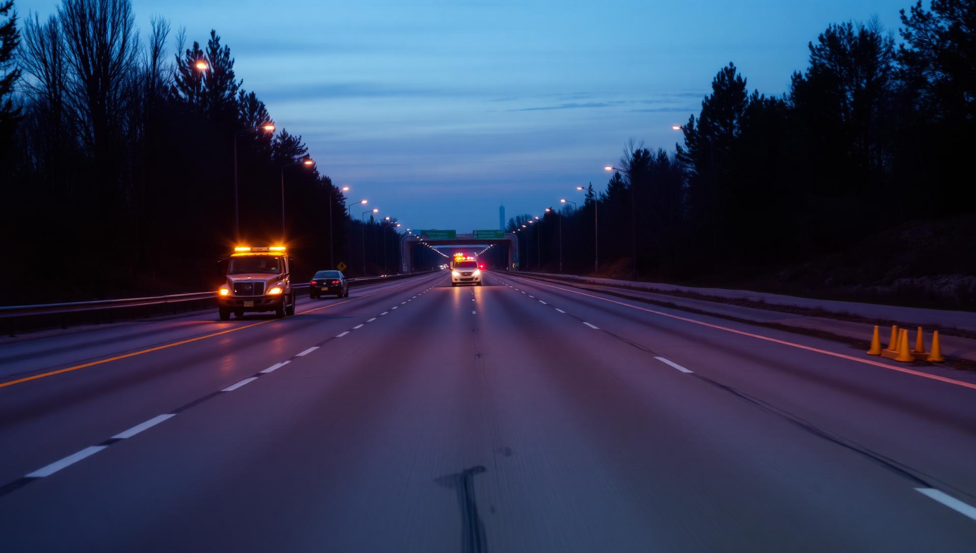 Highway at dusk after a motor vehicle accident with tow truck on scene