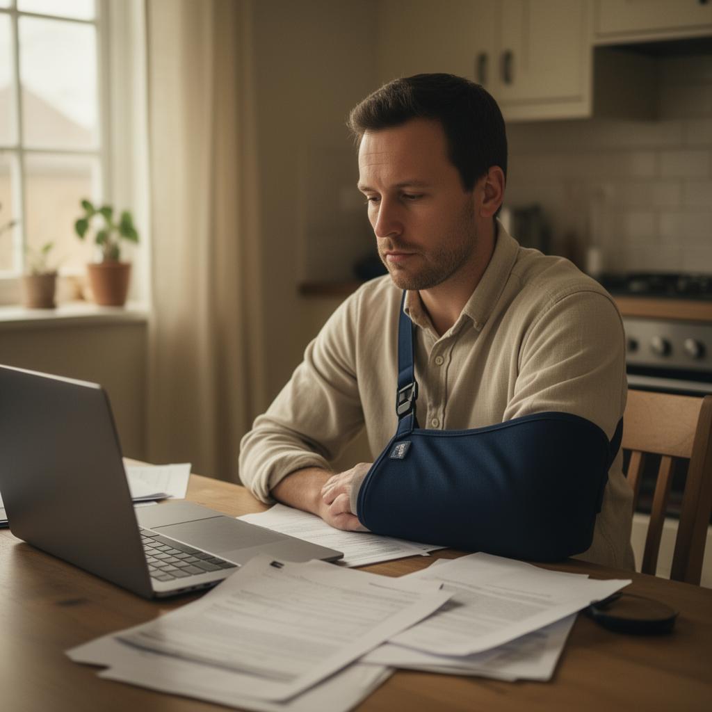 Injured worker reviewing workers' compensation paperwork at home