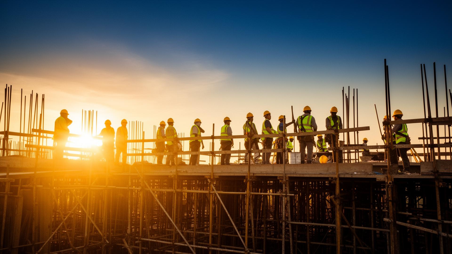 Construction workers on scaffolding at sunset